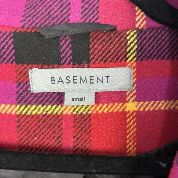 Basement Long Over Coat Wool Blend Retro 90s Plaid Colorful Size S Pink - Picture 4 of 5